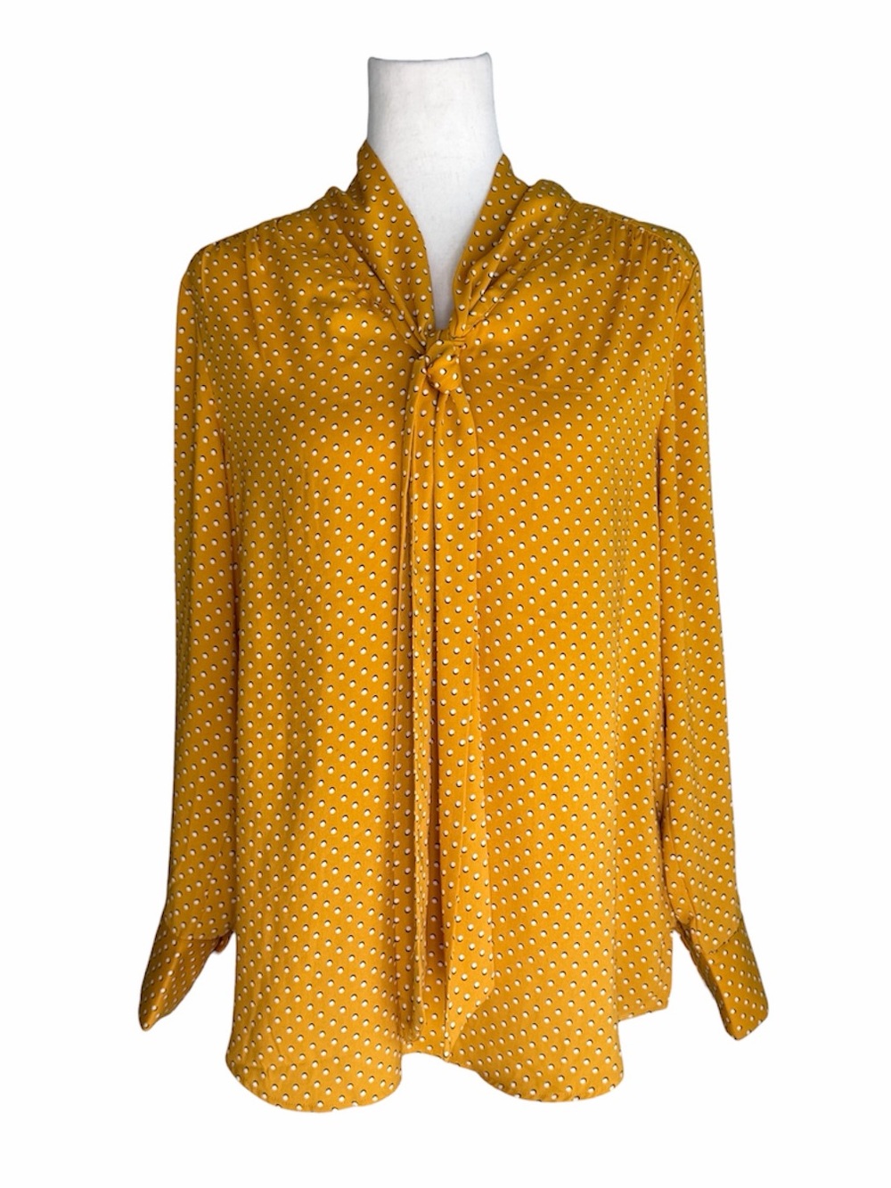 Dalia Women's Mustard Navy White Polka Dot Tie-Neck long sleeve Blouse Medium